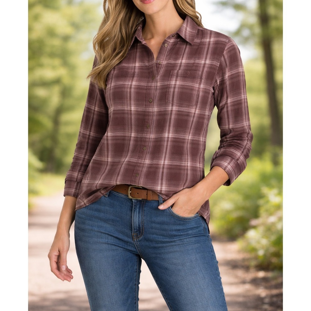 Carhartt Button-Up Shirt Womens S‎ (4/6) Maroon Plaid Long Sleeve Classic Logo